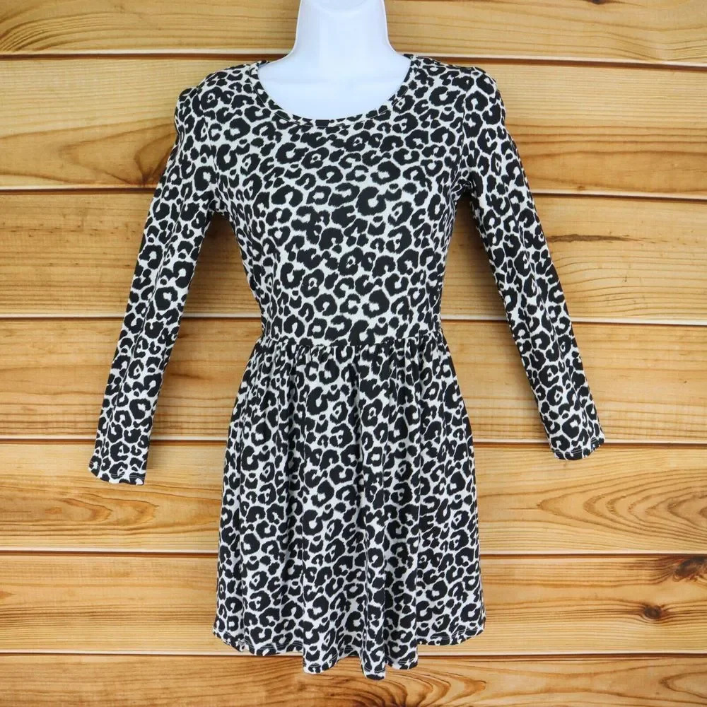 The Children's Place A-Line Dress Long Sleeves Girls L 10-12 Black Cheetah Print